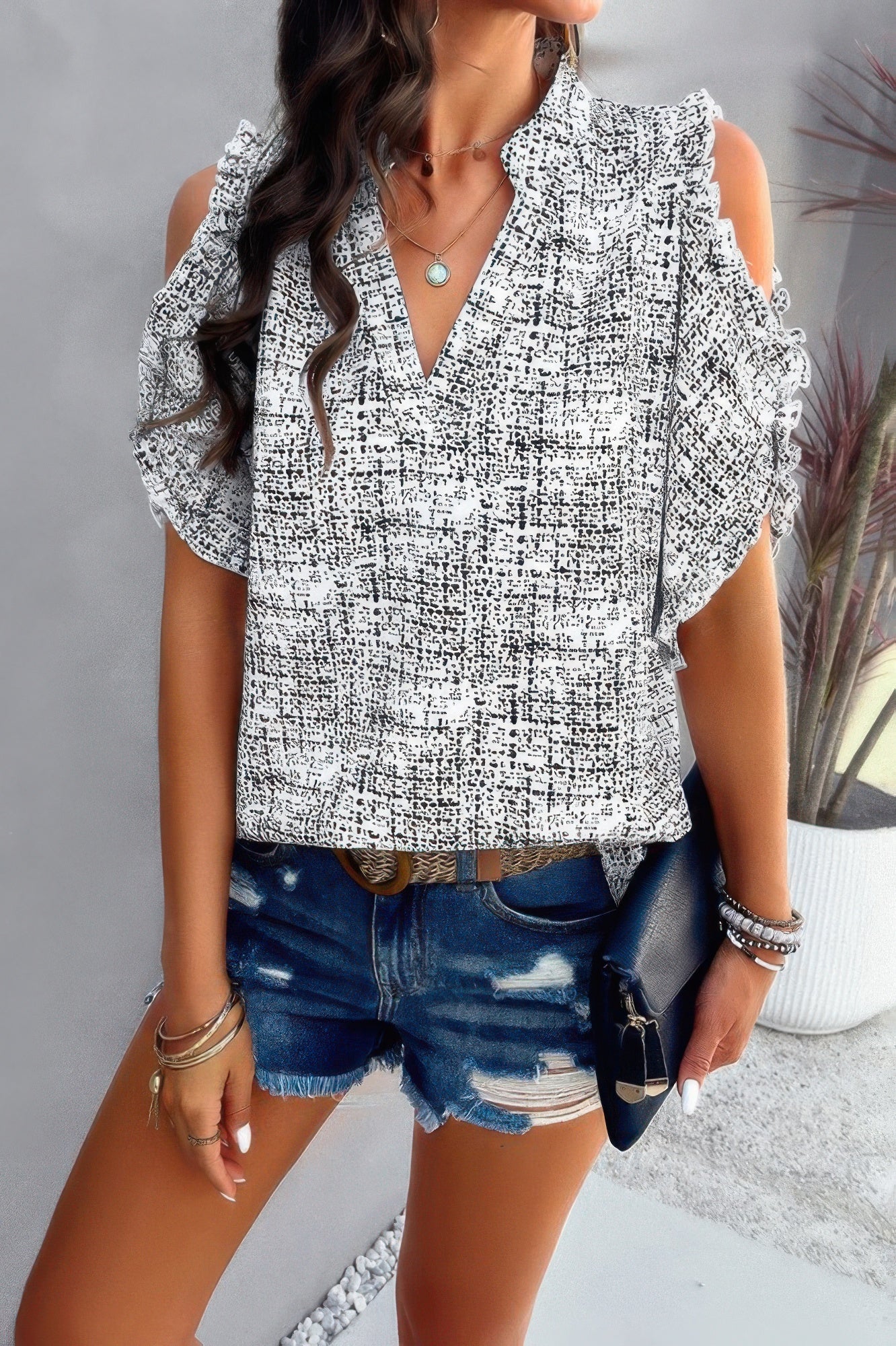 Printed Mandarine Collar Cold Shoulder Loose Top – New Arrival Now Live