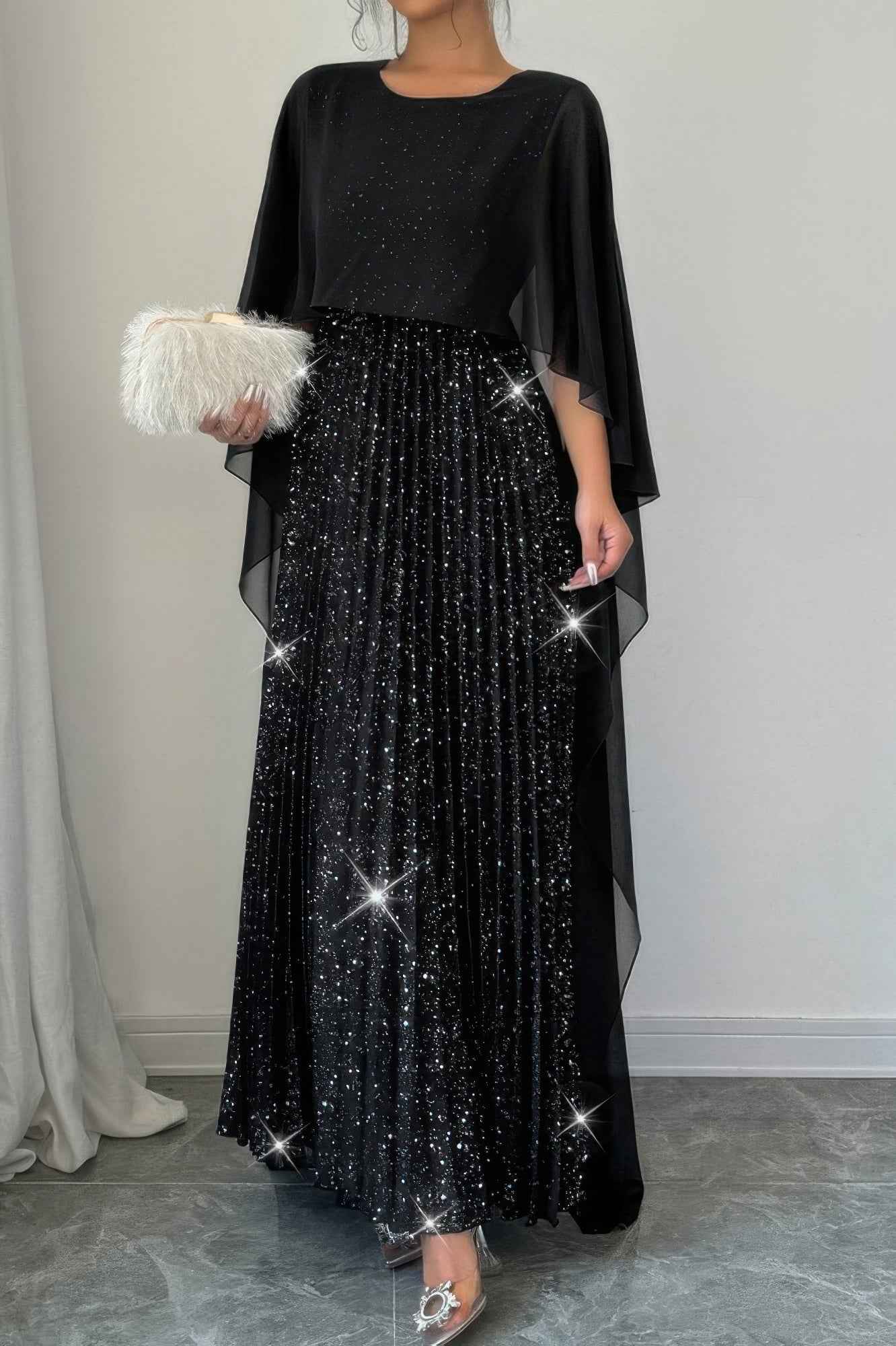 New Arrival – Elegant Sequin Satin Knit Pleated Long Dress – New Arrival Now Live