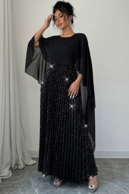 Elegant Sequin Satin Knit Pleated Long Dress – New Arrival Now Live