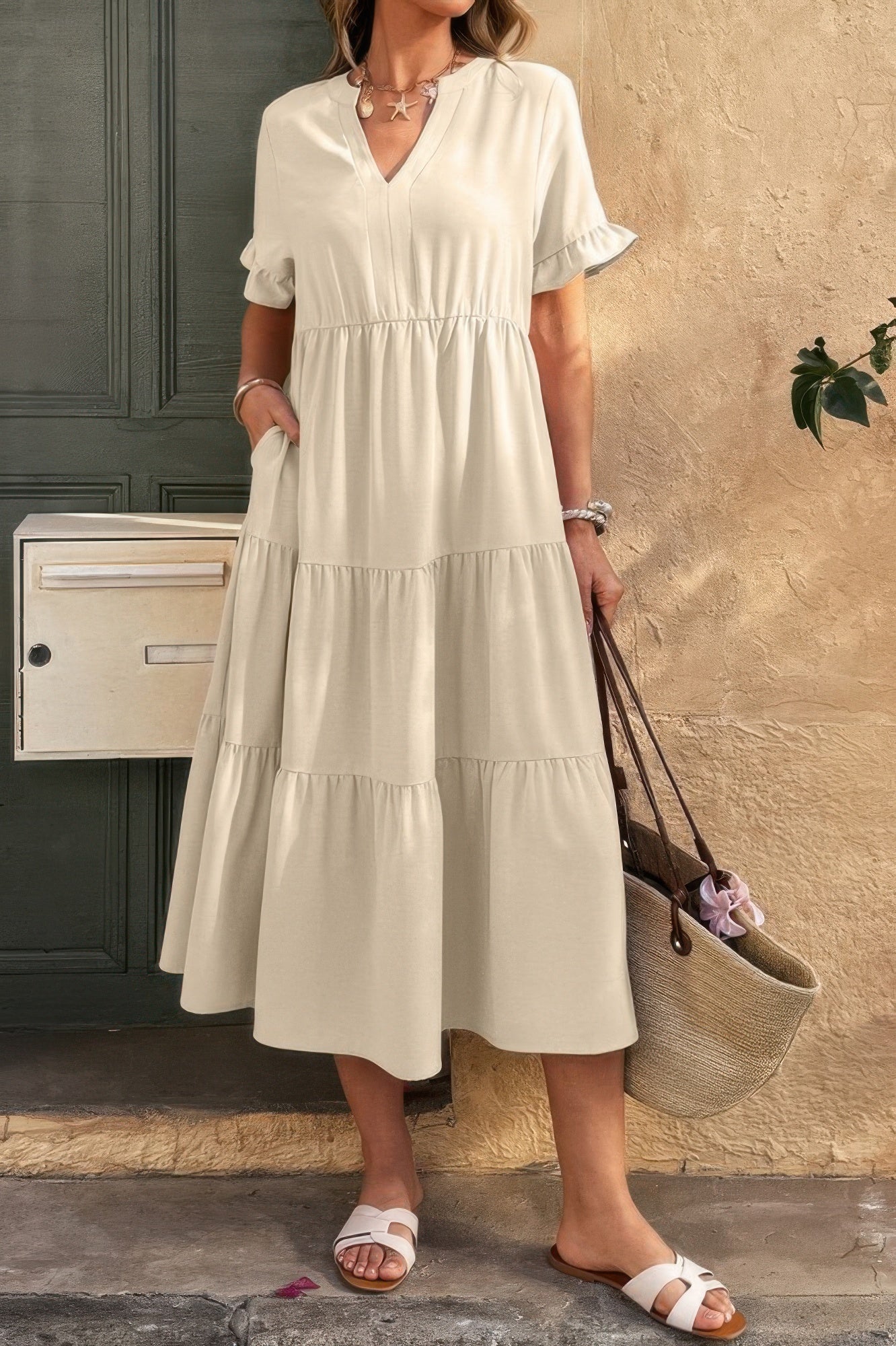 New Arrival – Solid V Neck A Line Ruffle Hem Pleated Dress – New Arrival Now Live