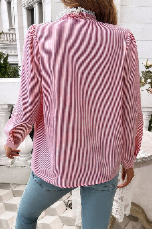 Striped Lace Mock Neck Ruffle Trim Blouse – New Arrival Now Live