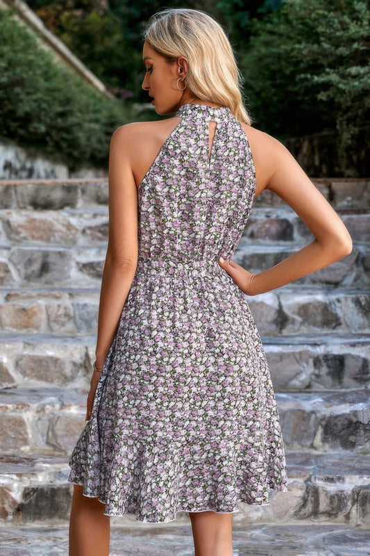 Halter Neck Sleeveless Floral Print Ruffle Dress – New Arrival Now Live