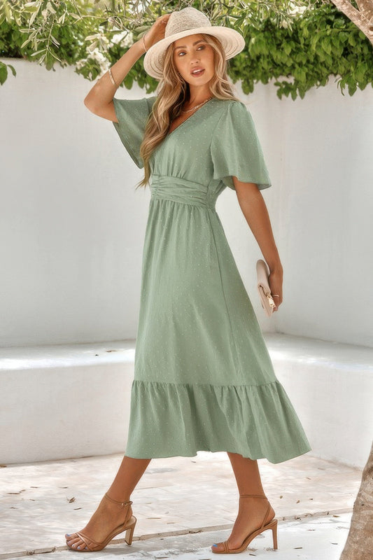 Solid V Neck Belted Wrap Layered Midi Dress – New Arrival Now Live