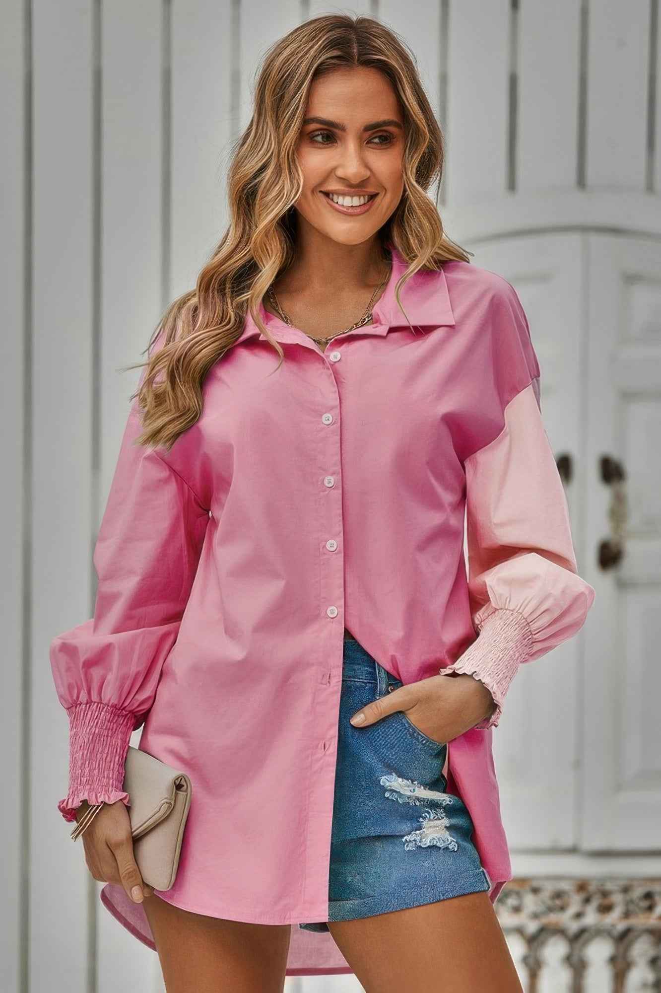 New Arrival – Color Block Button Down Cuffed Sleeves Blouse – New Arrival Now Live