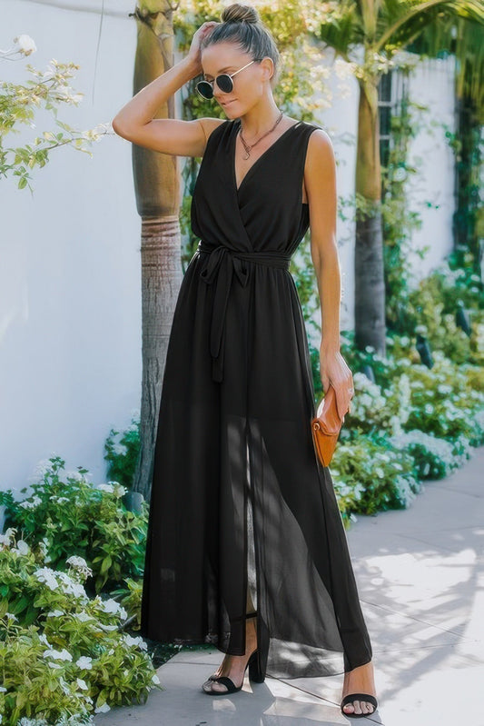 Solid Cross V Neck Sleeveless Tie Waist Split Dress – New Arrival Now Live