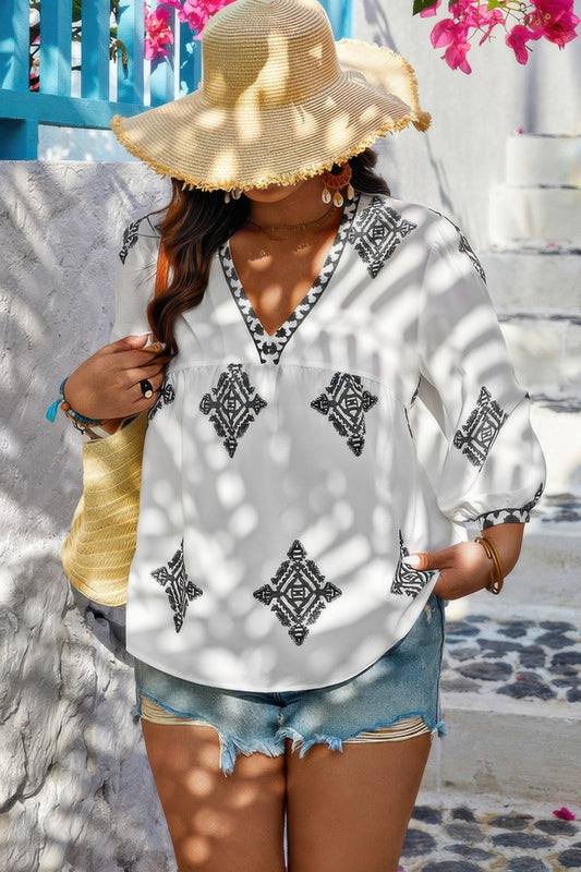 Plus V Neck Geometric Printed Embroidered Peplum Shirt – New Arrival Now Live