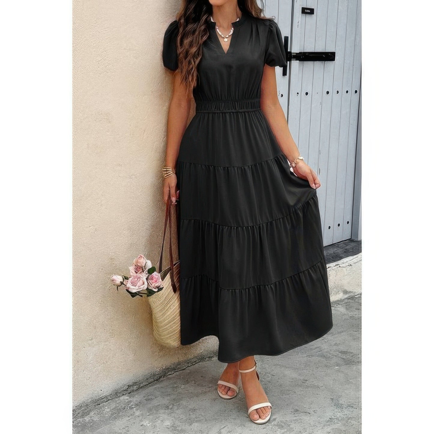 New Arrival – Solid V Neck Color Block Elastic Waist Dress – New Arrival Now Live