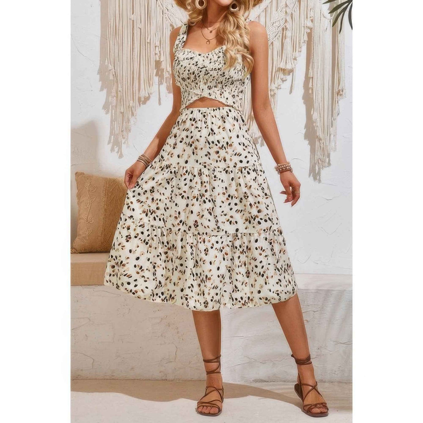 New Arrival – Square Neck Leopard Cut Out Elastic Waist Dress – New Arrival Now Live