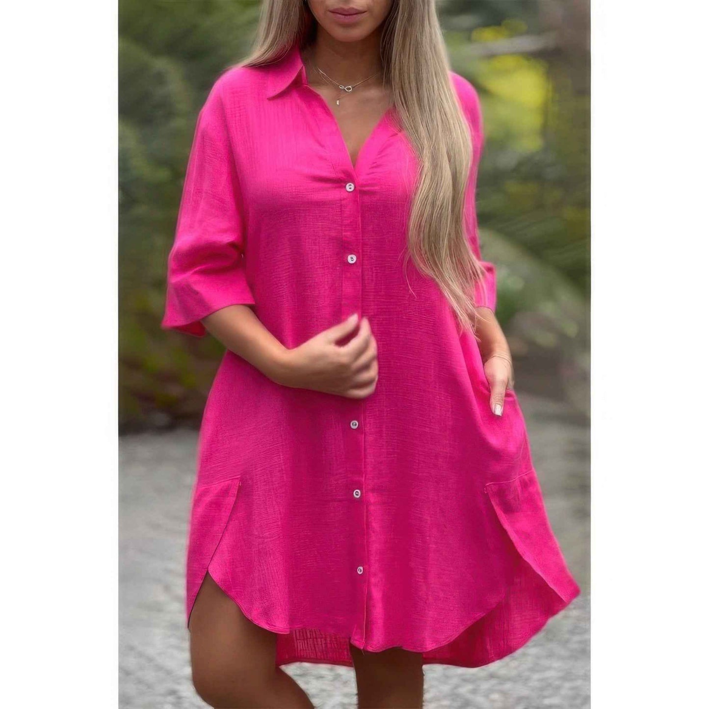 New Arrival – Plus A Line Button Loose Fit Pockets Solid Dress – New Arrival Now Live