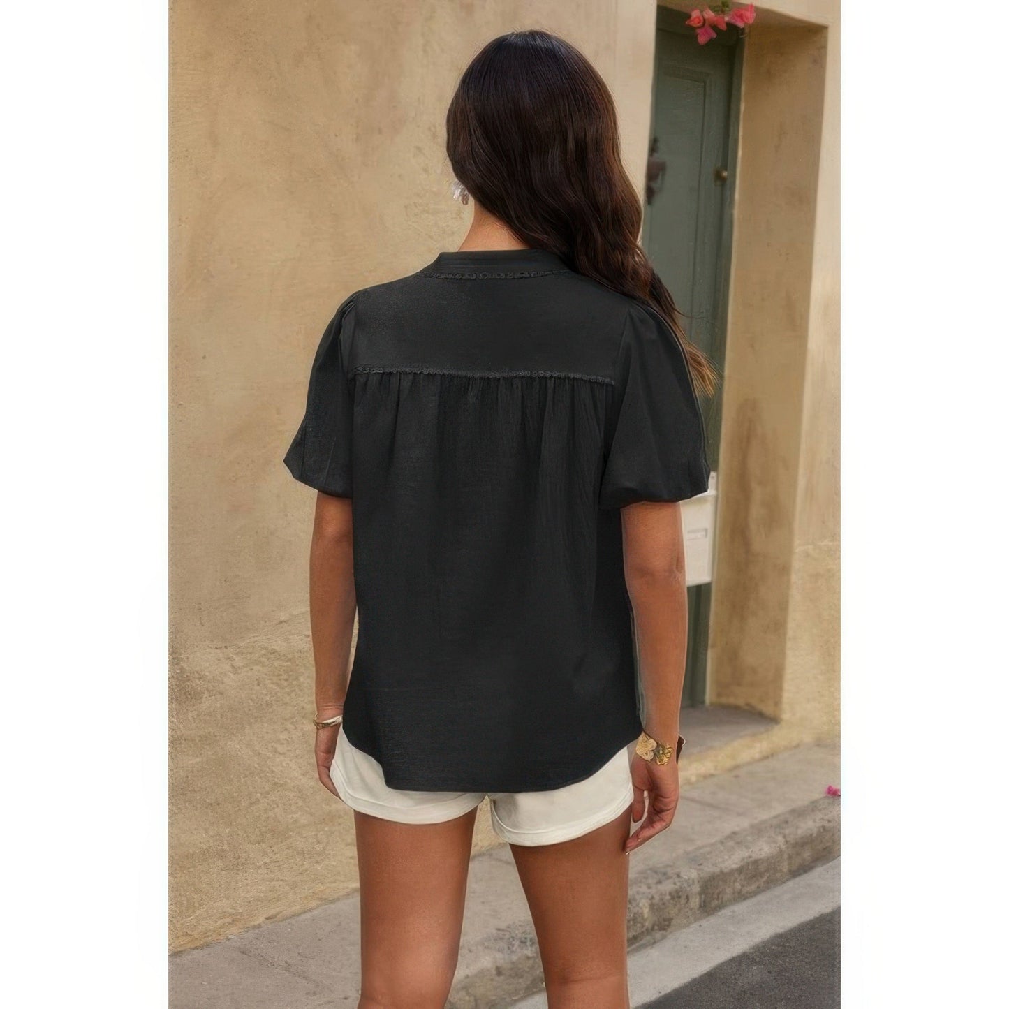 Button Down Lantern Puff Short Sleeve V Neck Top – New Arrival Now Live