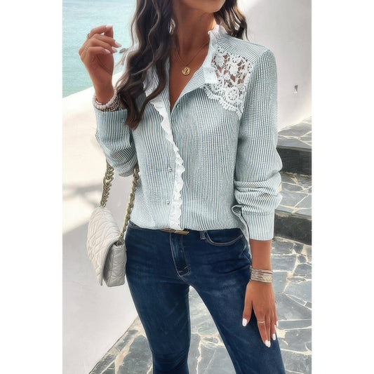 New Arrival – Colorblock Guipure Lace Insert Button Front Shirt – New Arrival Now Live