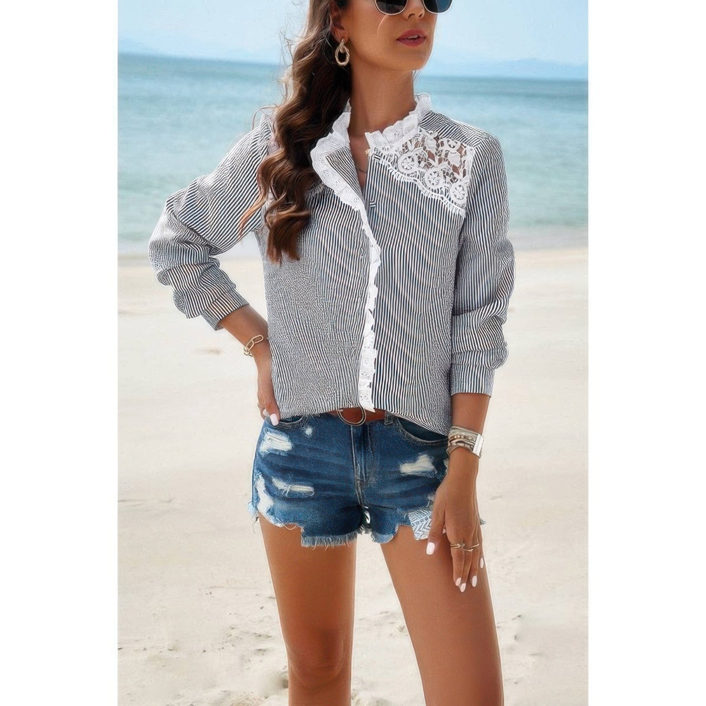 Colorblock Guipure Lace Insert Button Front Shirt – New Arrival Now Live