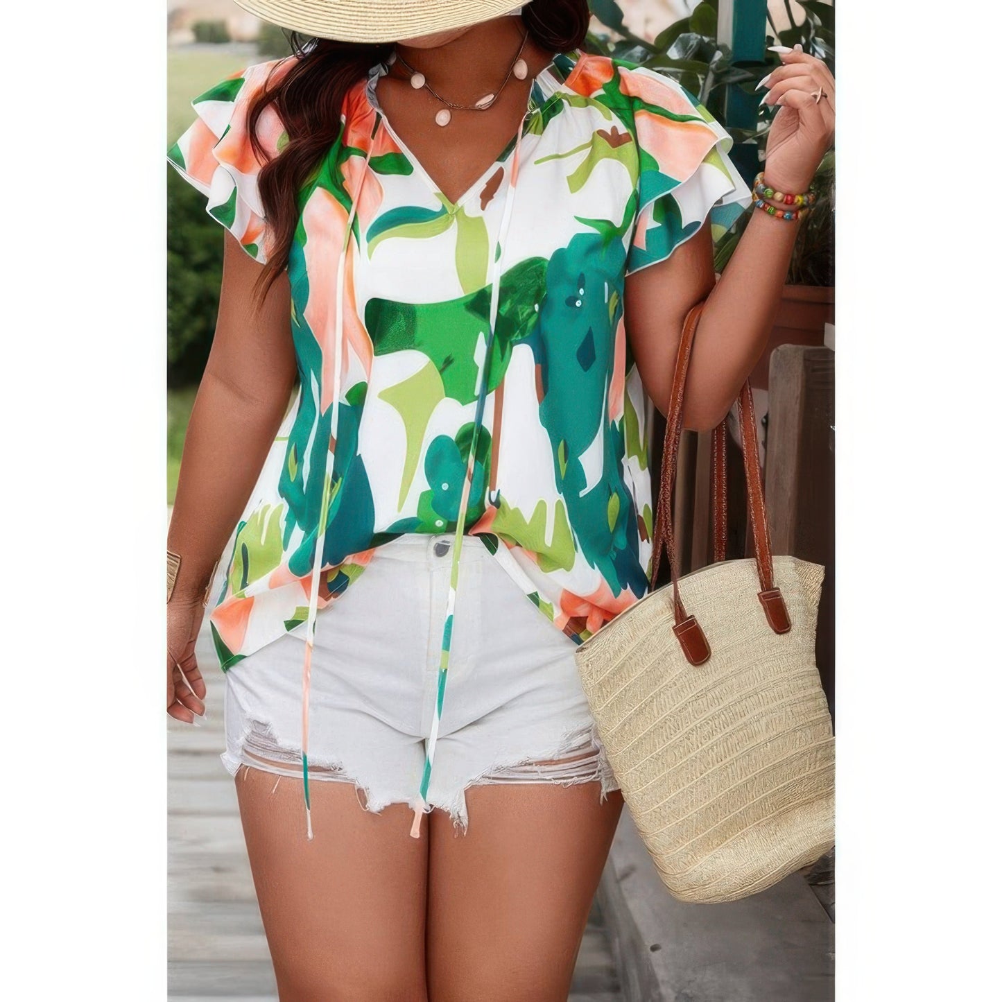 New Arrival – Plus Size Print Knot Neck Ruffle Fit Top – New Arrival Now Live