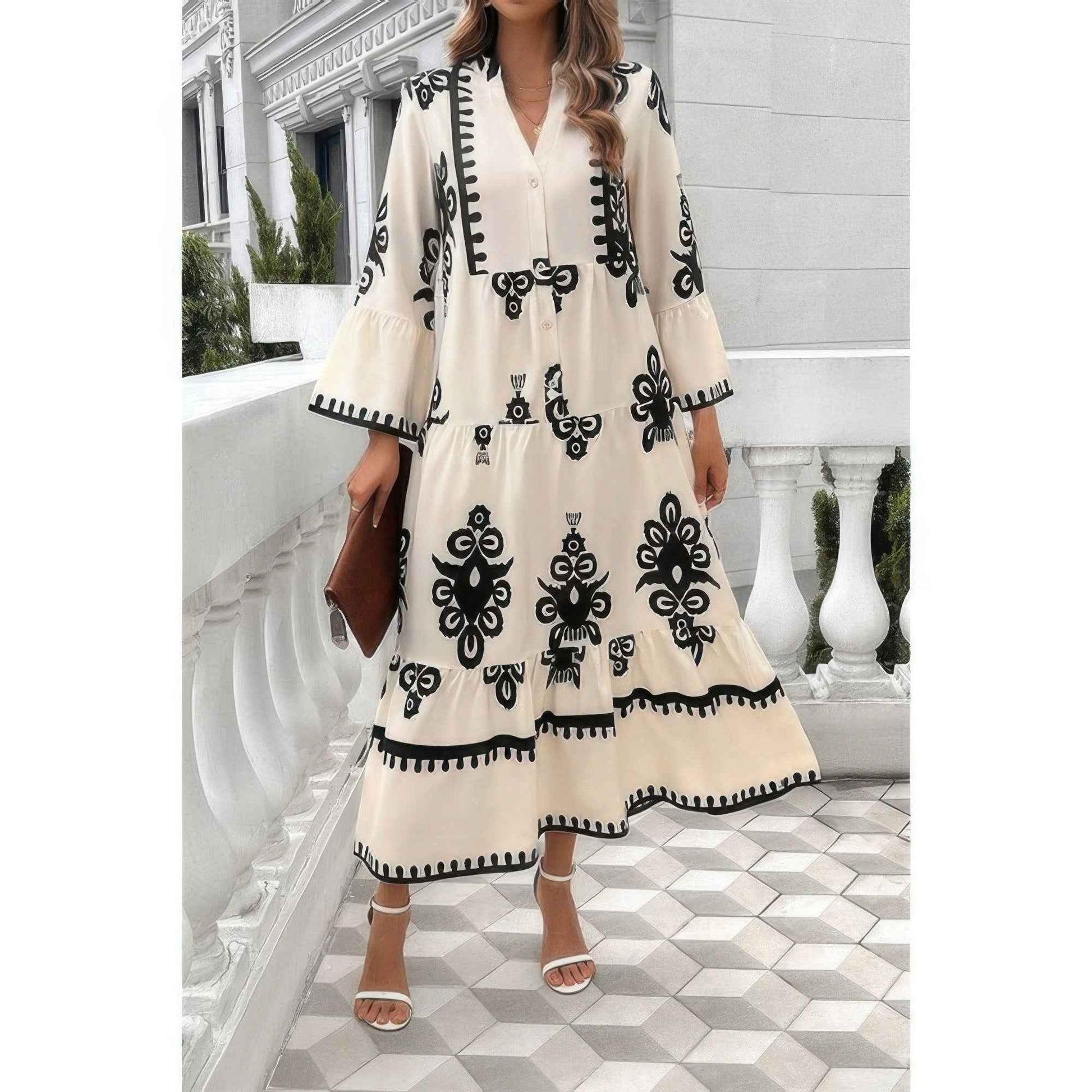 New Arrival – V Neck Stand Collar Button Floral Splicing Dress – New Arrival Now Live