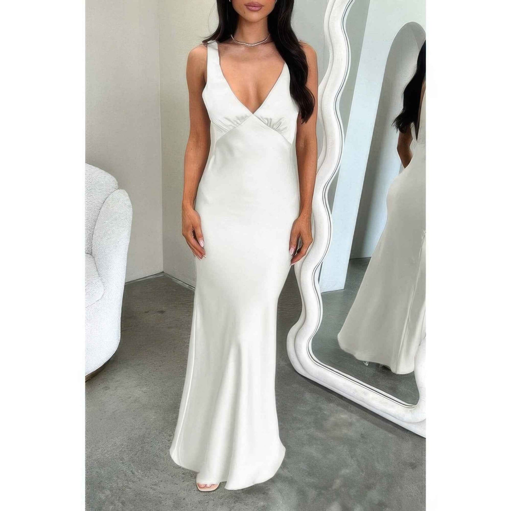 New Arrival – Solid Deep V Neck Low Back High Waist Full Dress – New Arrival Now Live