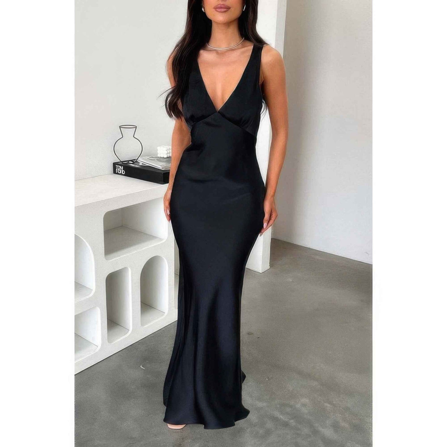 Solid Deep V Neck Low Back High Waist Full Dress – New Arrival Now Live