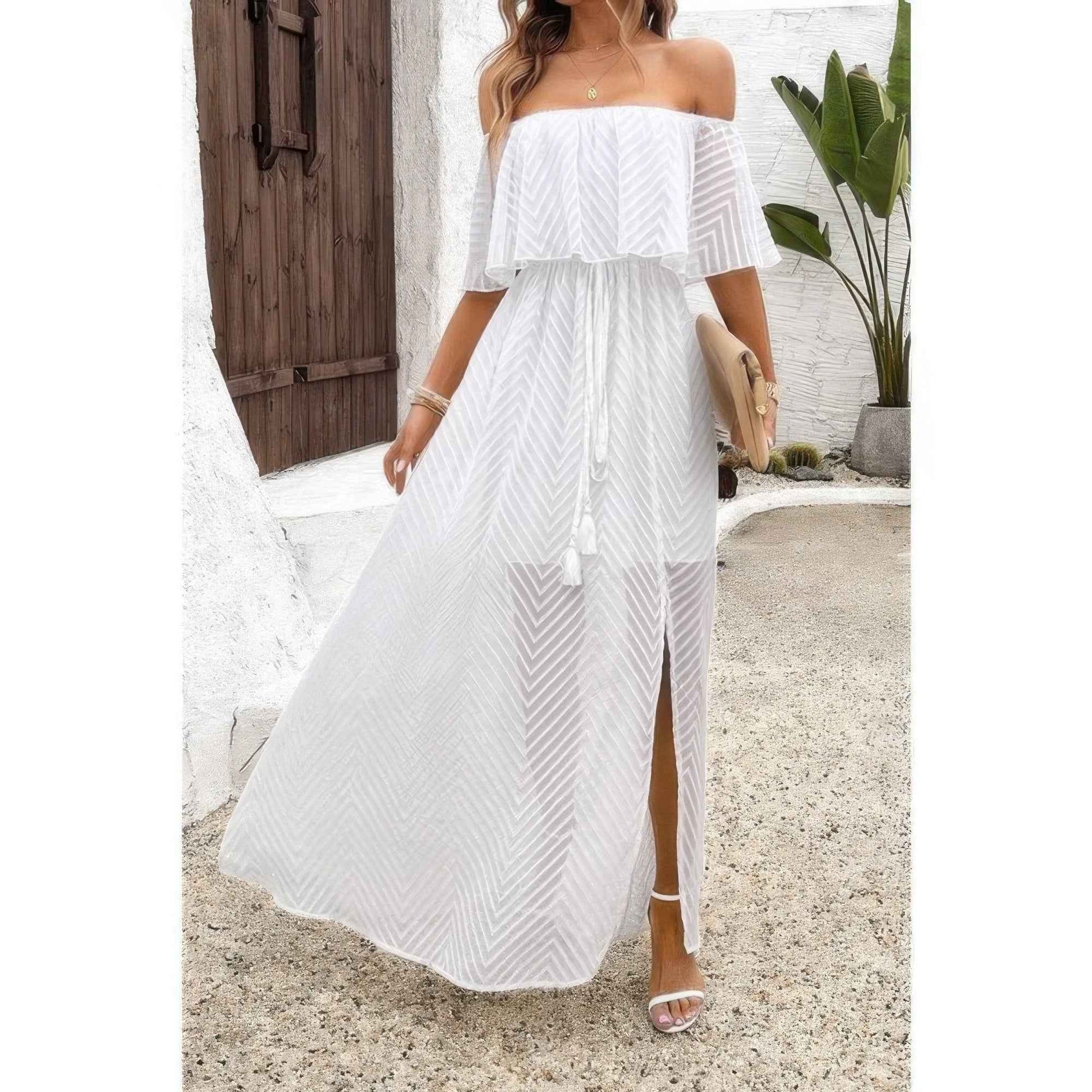 New Arrival – Off Shoulder Solid Tassel Ruffle Trim Split Dress – New Arrival Now Live