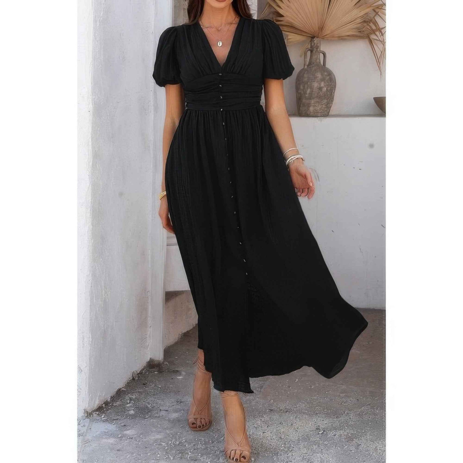 New Arrival – Solid V Neck Puff Sleeves Solid Knot Detail Dress – New Arrival Now Live