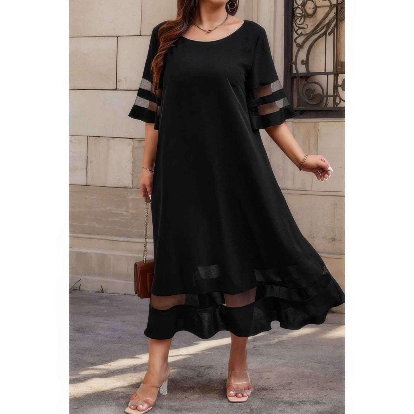 New Arrival – Plus Size Mesh Splicing Round Neck Long Dress – New Arrival Now Live