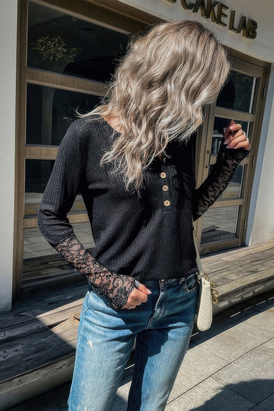New Arrival – V Neck Solid Button Lace Knit Loose Fit Top – New Arrival Now Live