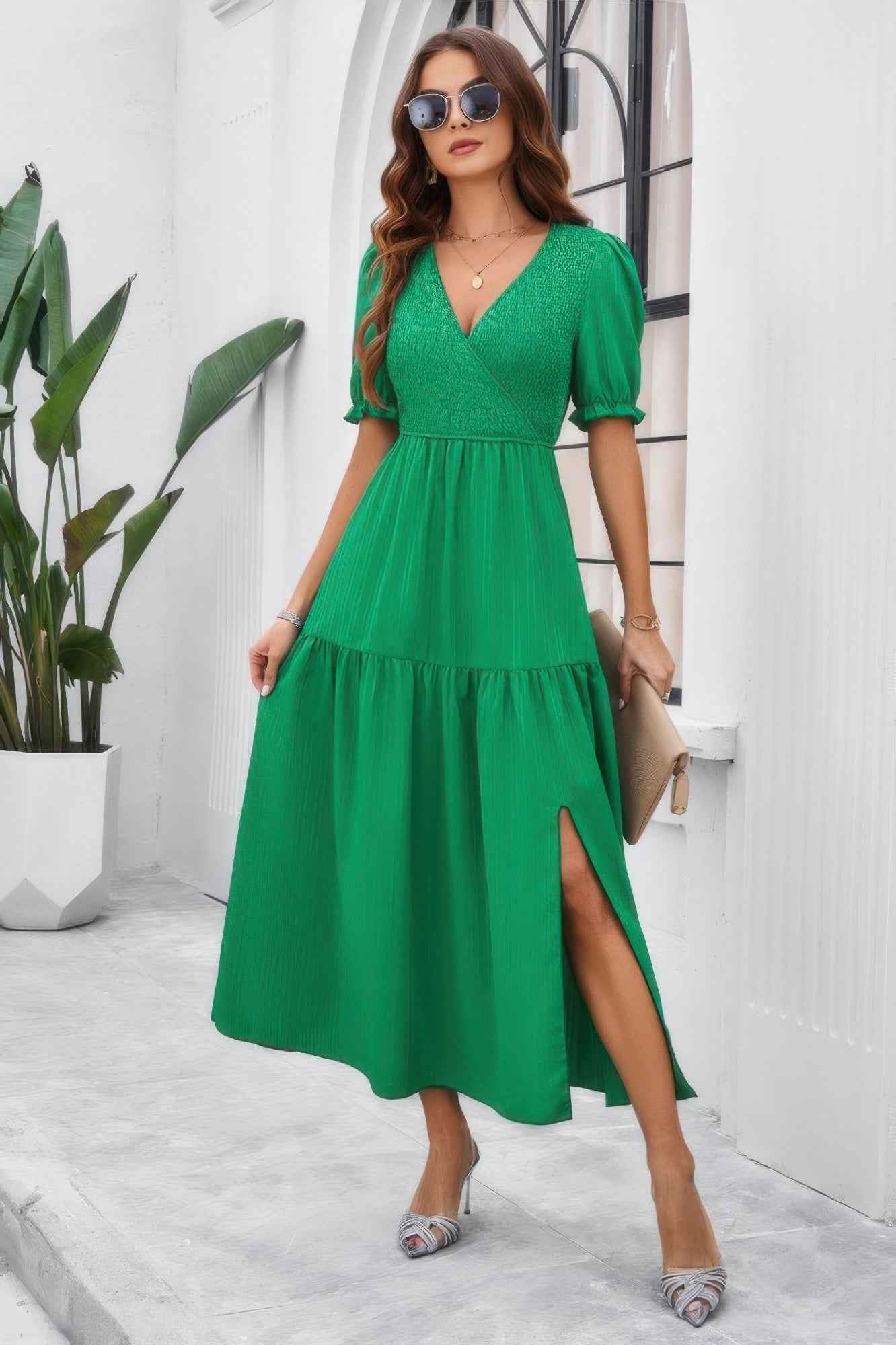 New Arrival – Solid V Neck Ruched High Waist Puff Sleeve Dress – New Arrival Now Live