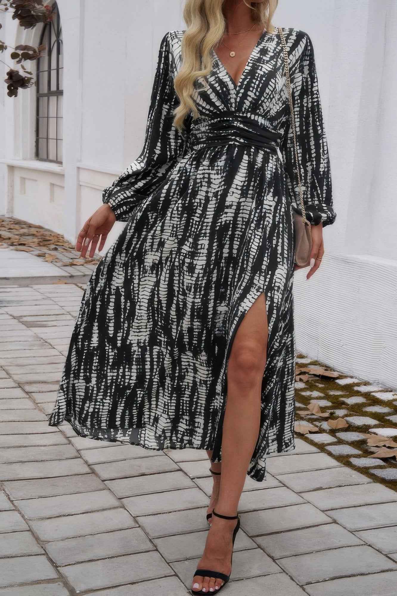 New Arrival – Print V Neck Tie Waist Fit Long Dress – New Arrival Now Live