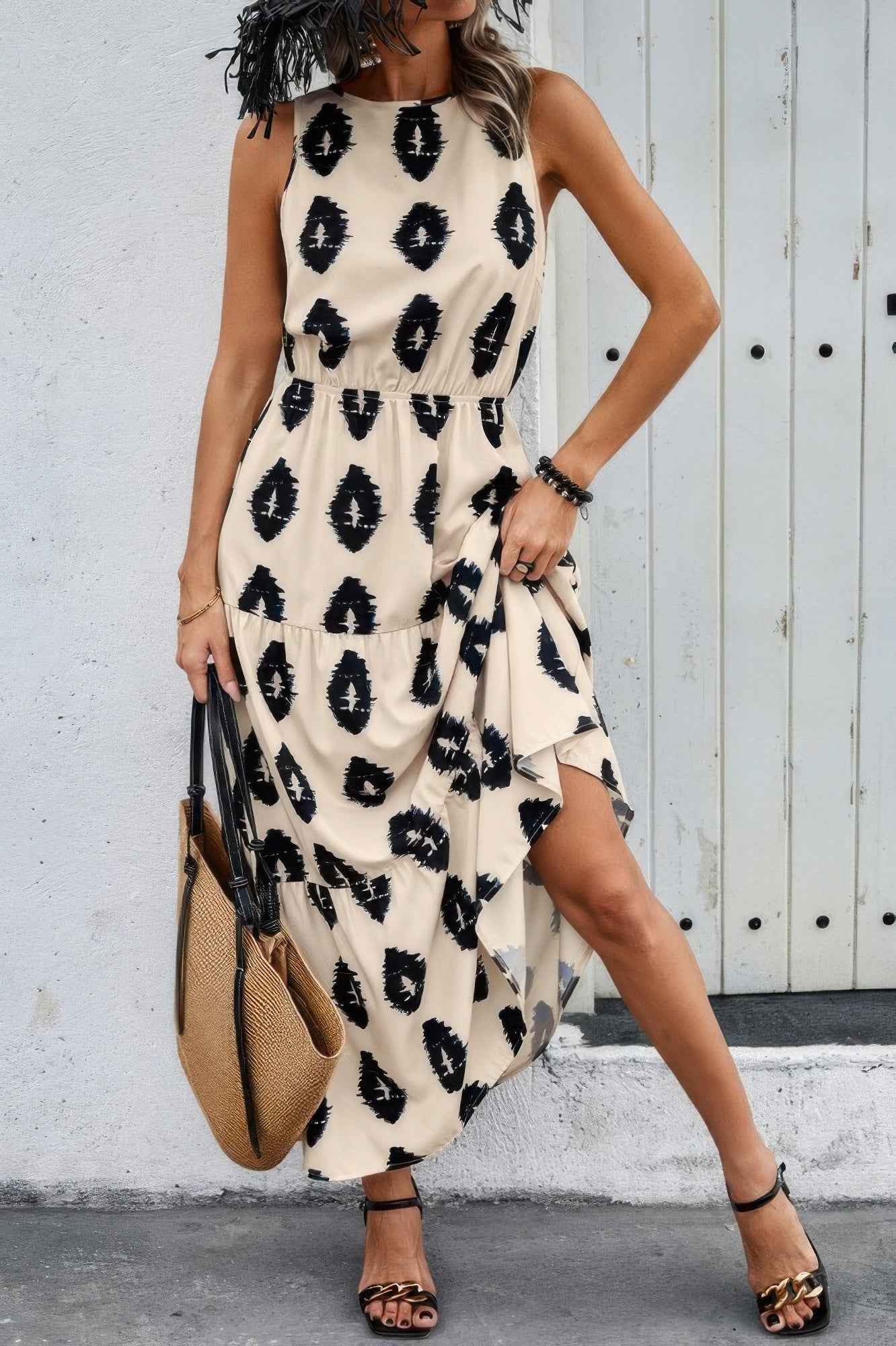 New Arrival – Sleeveless Printed Elastic Waist Ruffle Full Dress – New Arrival Now Live