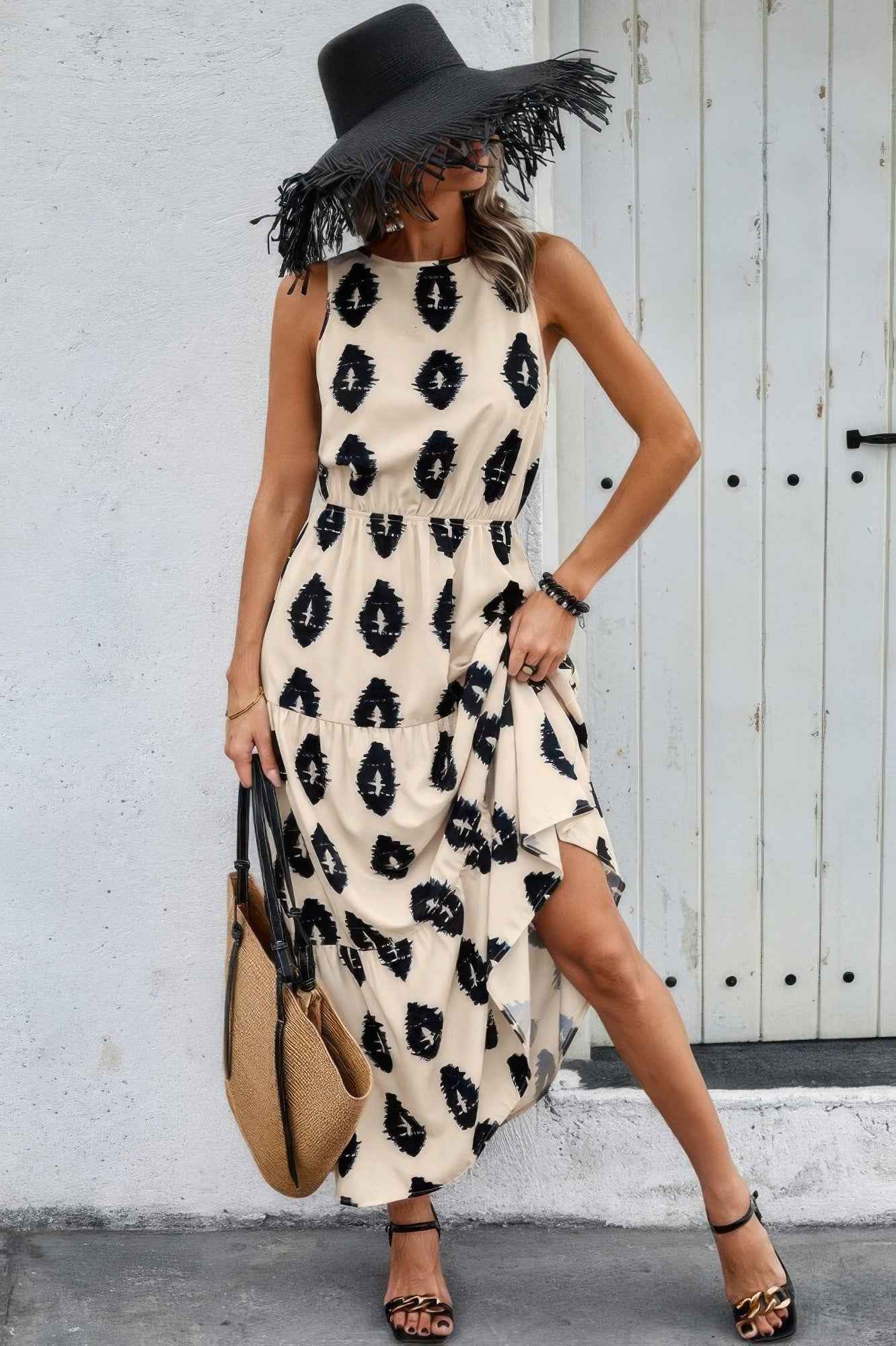 Sleeveless Printed Elastic Waist Ruffle Full Dress – New Arrival Now Live