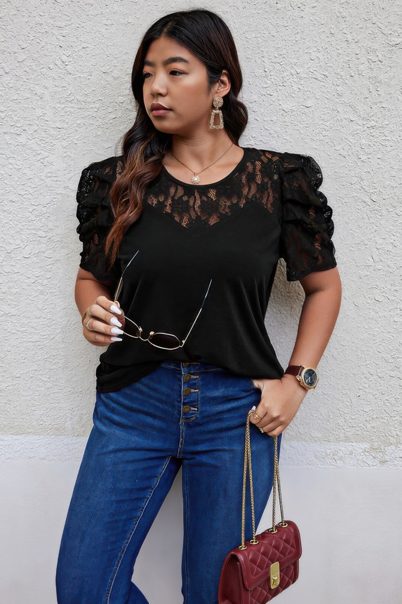 Solid Lace Ruffle Sleeve Hollow Out Elegant Shirt – New Arrival Now Live