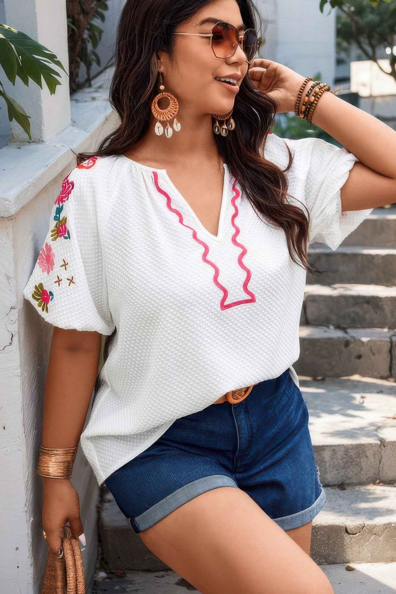 Floral V Neck Ruffle Puff Sleeve Lace Blouse – New Arrival Now Live