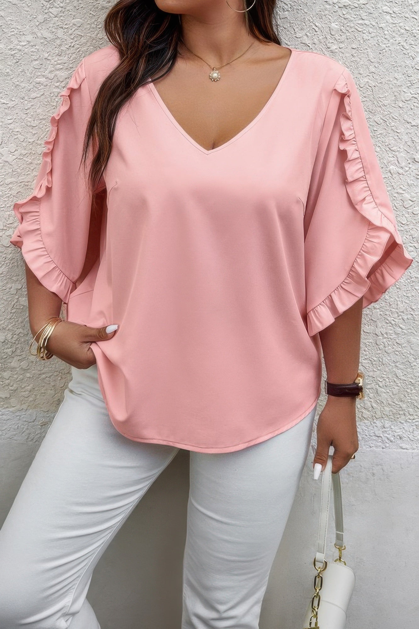 New Arrival – Solid Plus V Neck Ruffle Trim Petal Sleeve Blouse – New Arrival Now Live