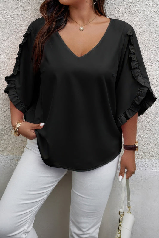 Solid Plus V Neck Ruffle Trim Petal Sleeve Blouse – New Arrival Now Live