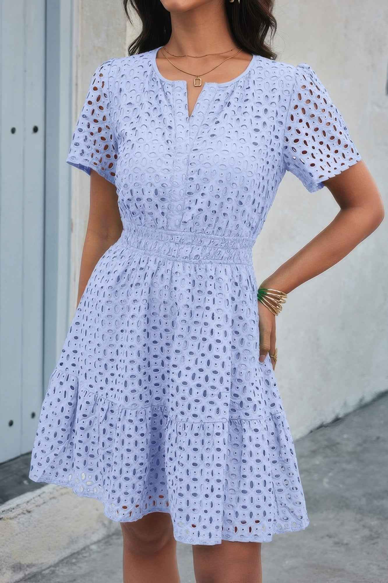 New Arrival – V Neck Lace Solid Lace Ruffle Hollow A Line Dress – New Arrival Now Live