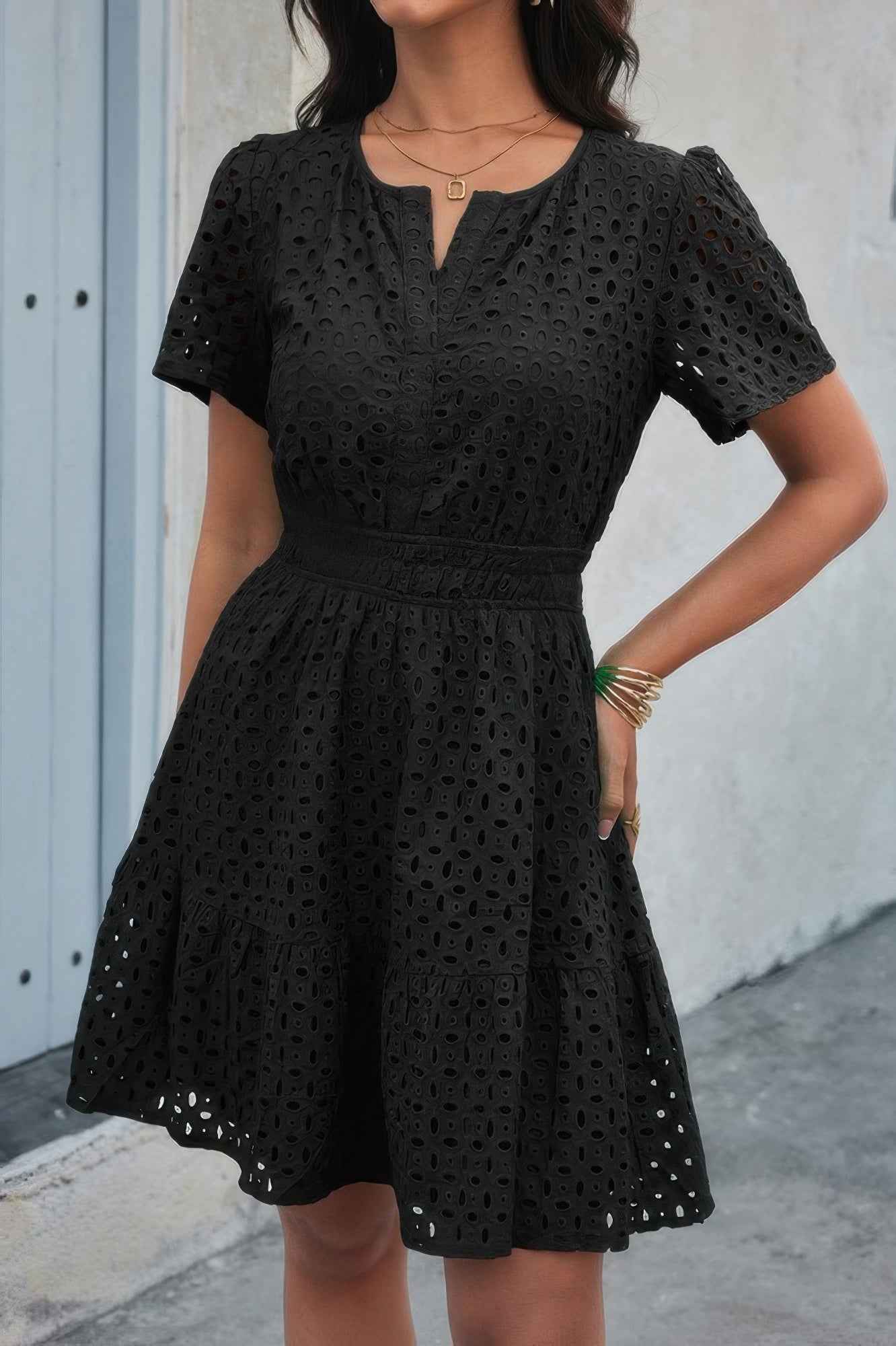 V Neck Lace Solid Lace Ruffle Hollow A Line Dress – New Arrival Now Live
