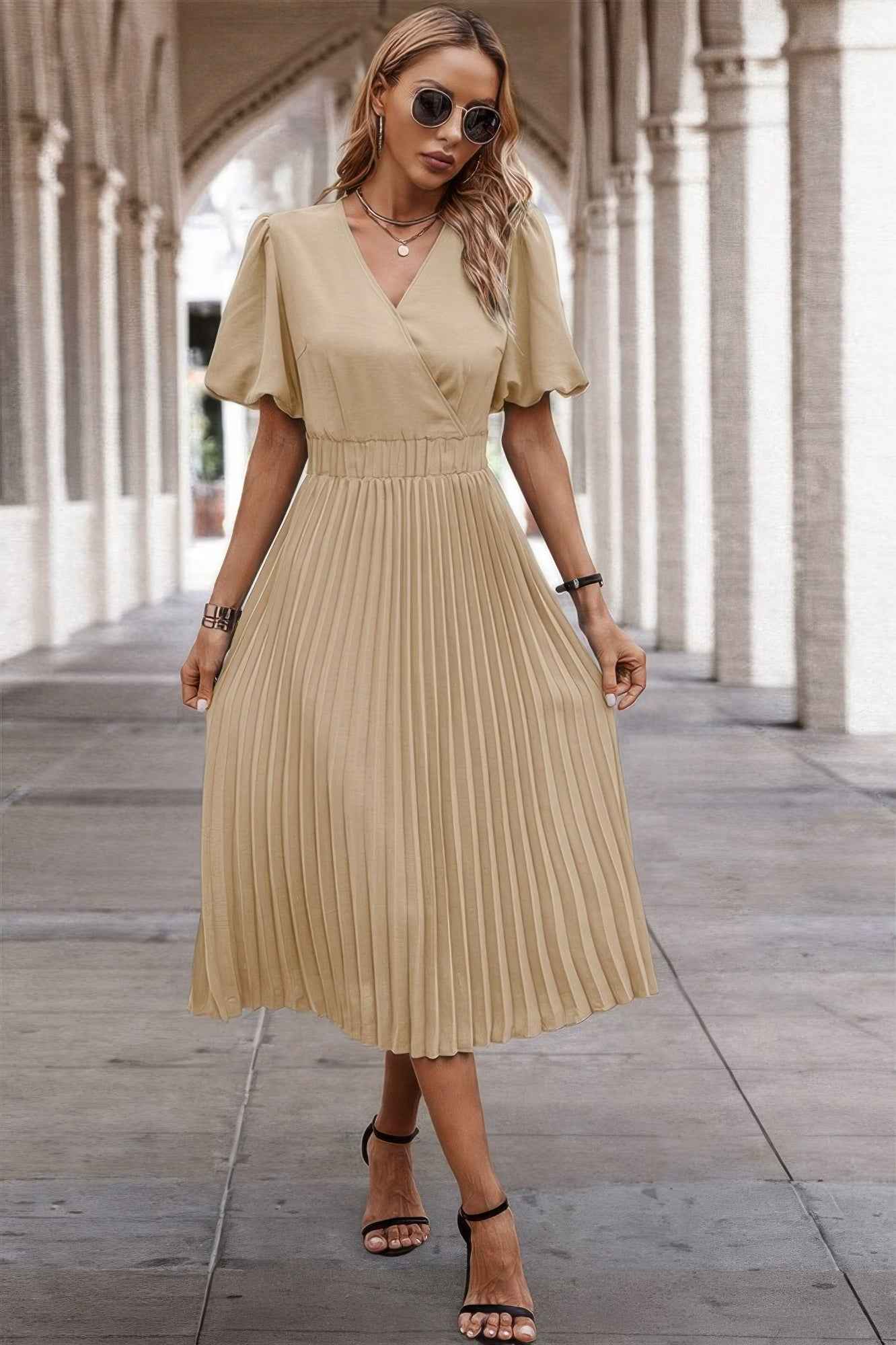 New Arrival – Solid Elastic Waist Band Pleated V Neck Dress – New Arrival Now Live
