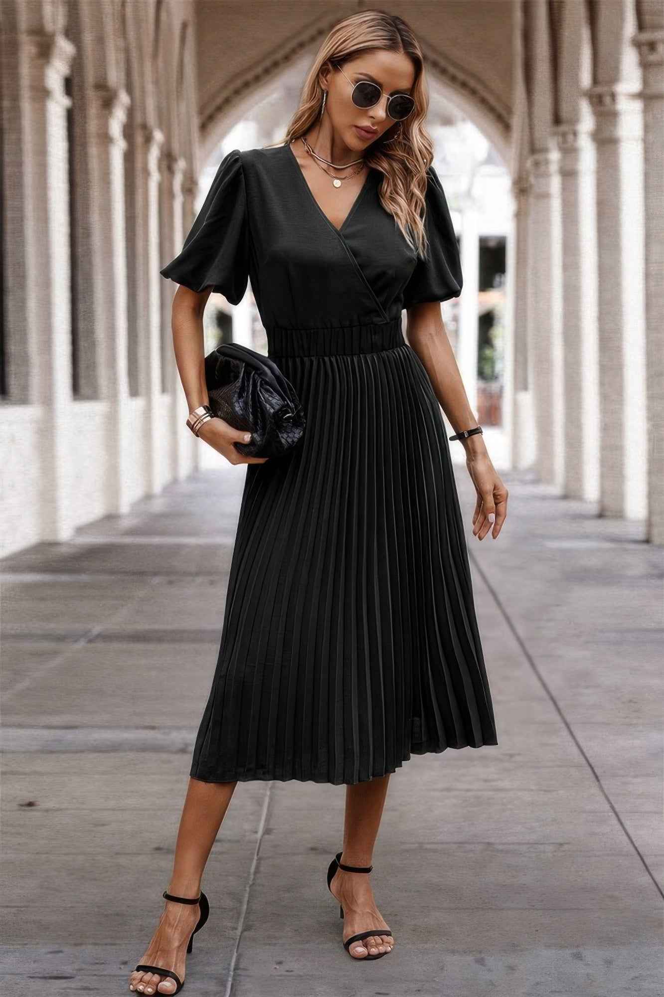 Solid Elastic Waist Band Pleated V Neck Dress – New Arrival Now Live