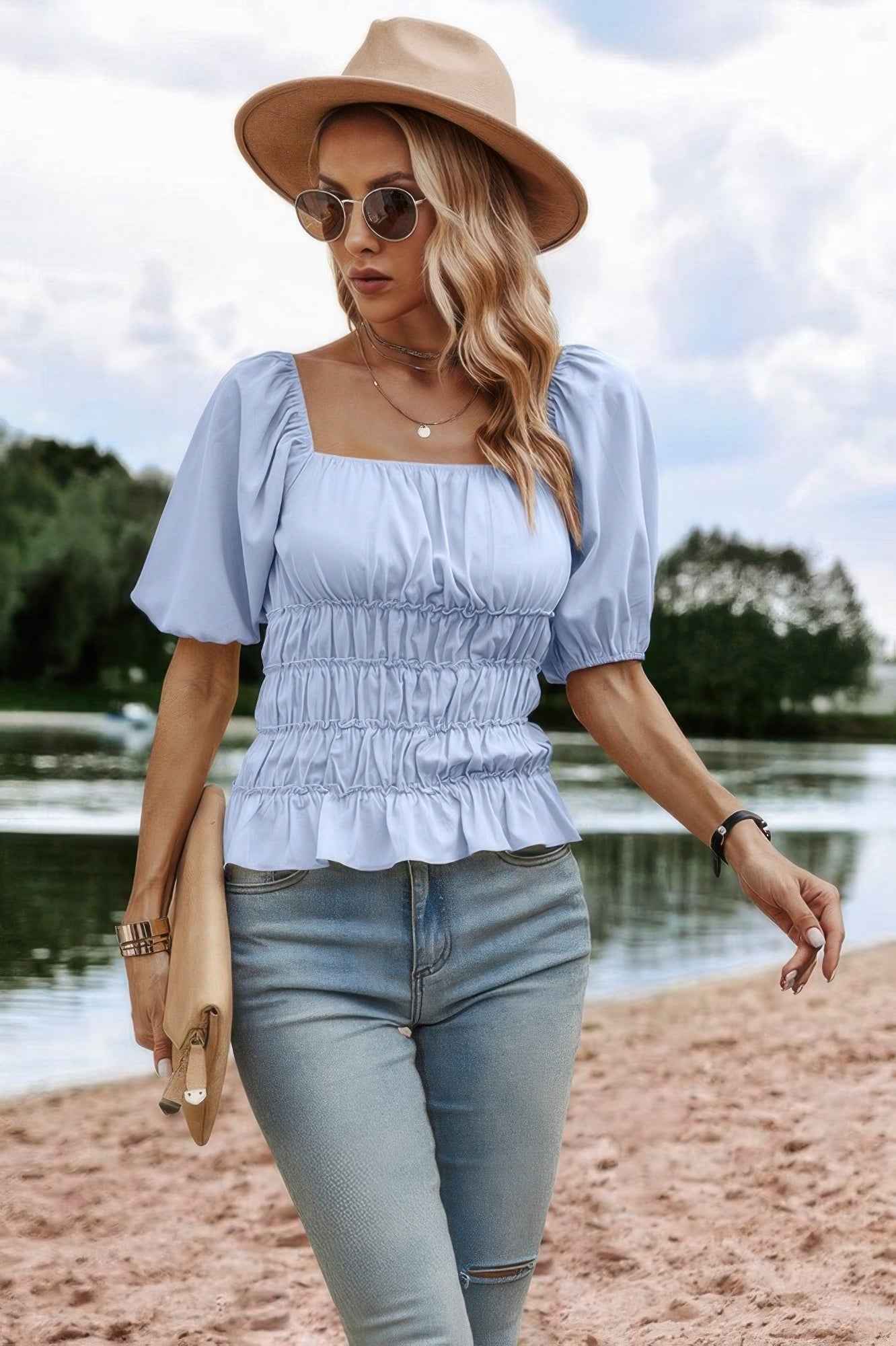 New Arrival – Solid Square Neck Shirred Flounce Sleeve Peplum Blouse – New Arrival Now Live