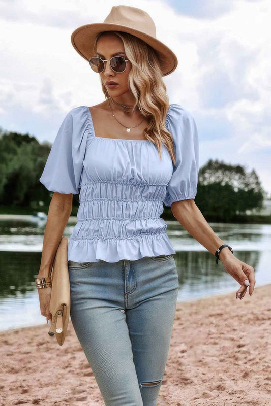 New Arrival – Solid Square Neck Shirred Flounce Sleeve Peplum Blouse – New Arrival Now Live