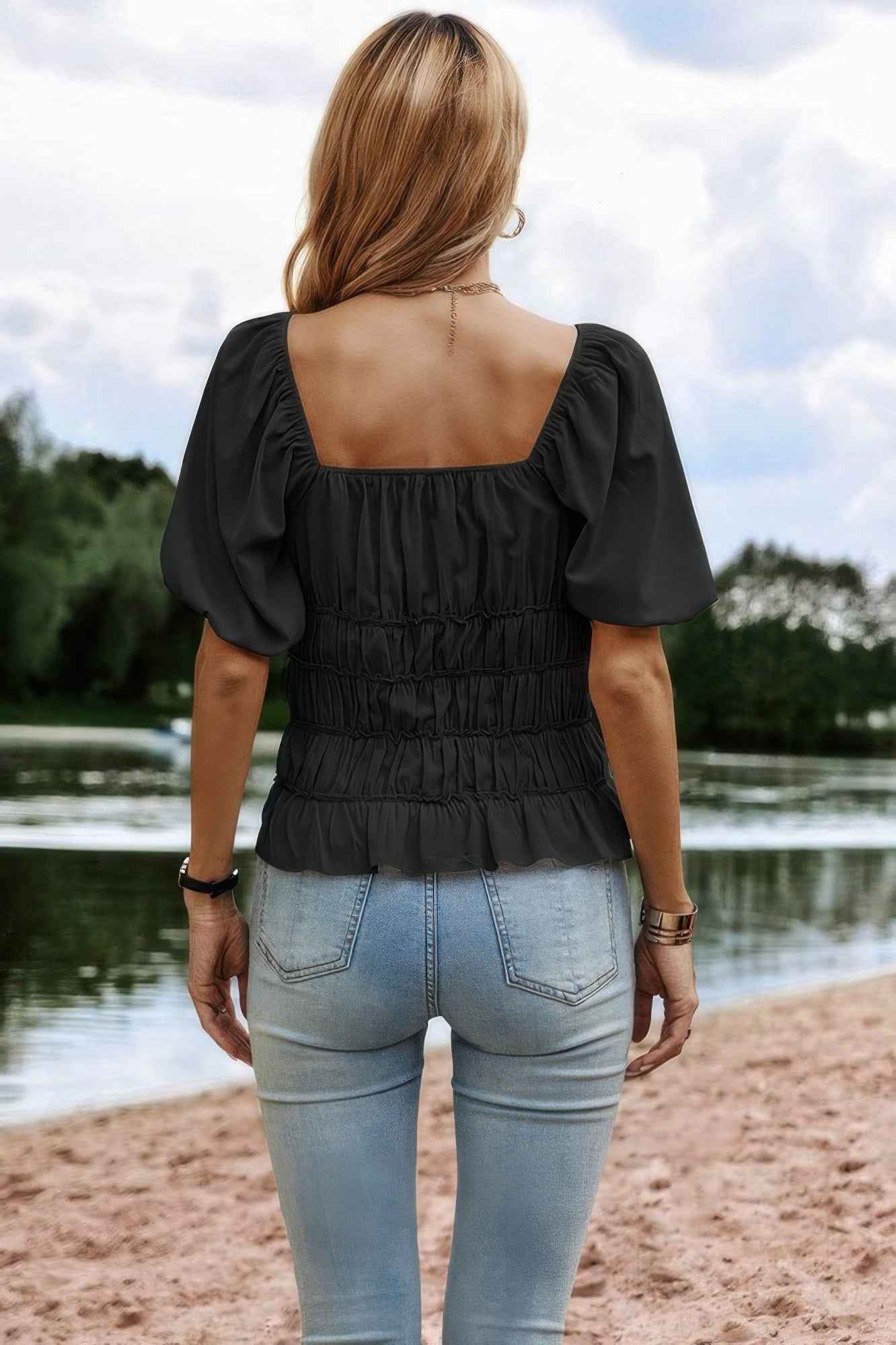 Solid Square Neck Shirred Flounce Sleeve Peplum Blouse – New Arrival Now Live