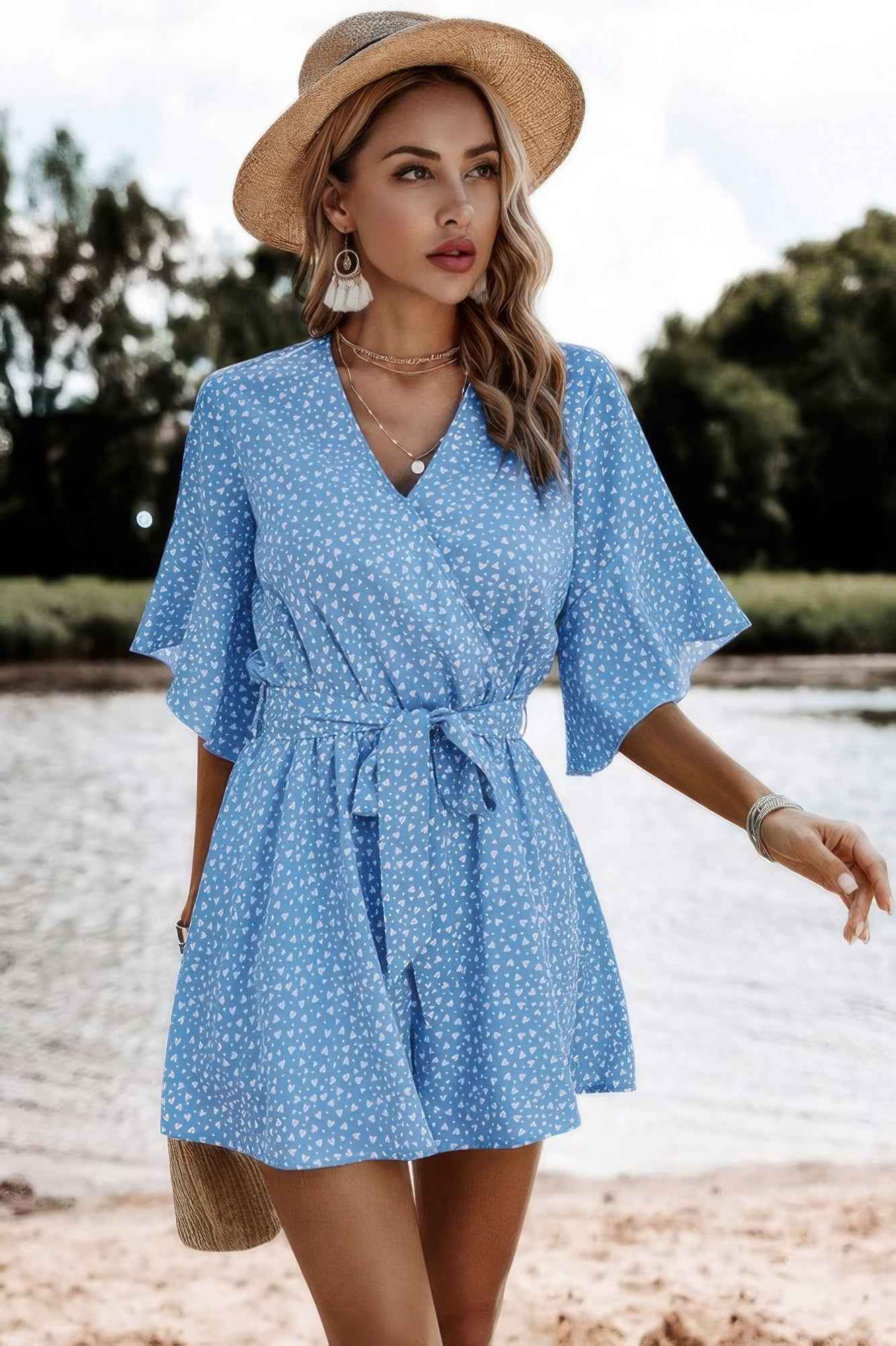 New Arrival – V Neck Ruffled Belted Flared Hemmed Romper – New Arrival Now Live