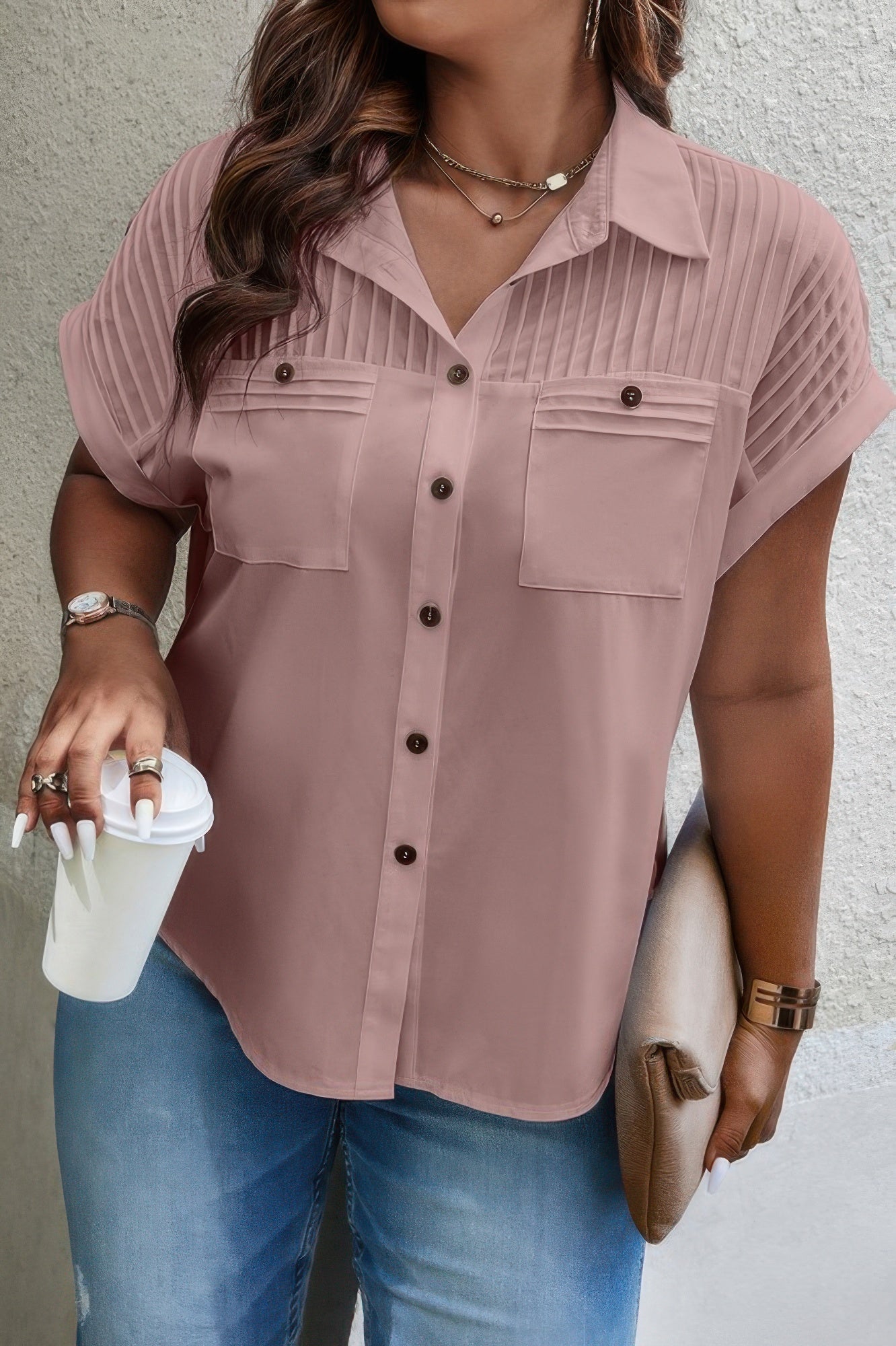 New Arrival – Plus Size Button Solid Color Block Loose Blouse – New Arrival Now Live