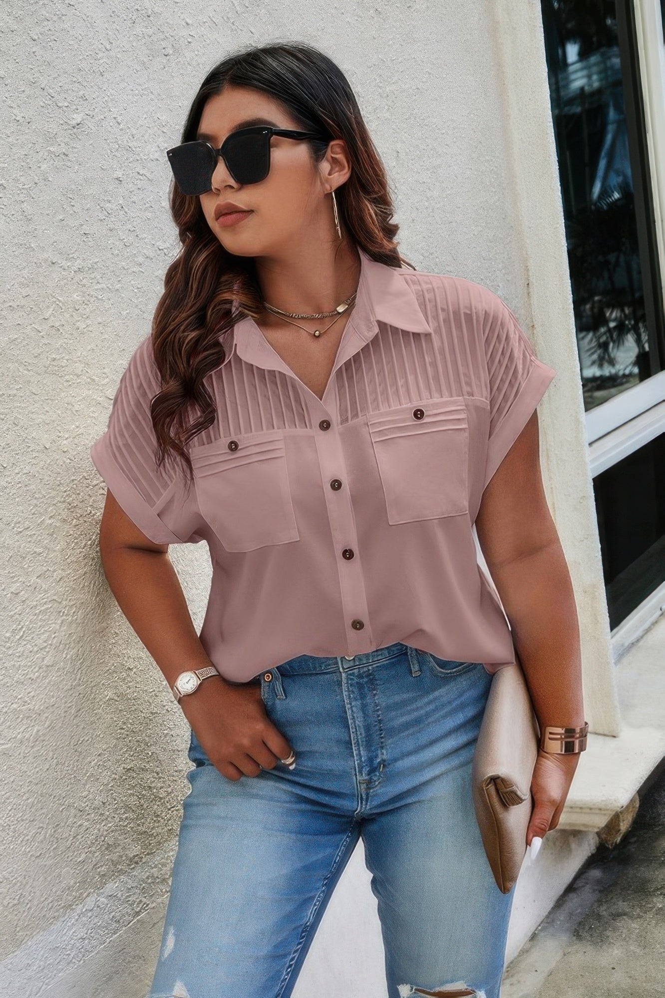 Plus Size Button Solid Color Block Loose Blouse – New Arrival Now Live