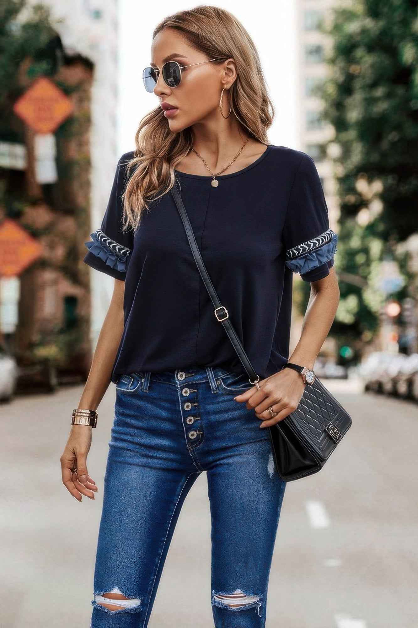 New Arrival – Round Neck Loose Fit Frill Trim Tee – New Arrival Now Live