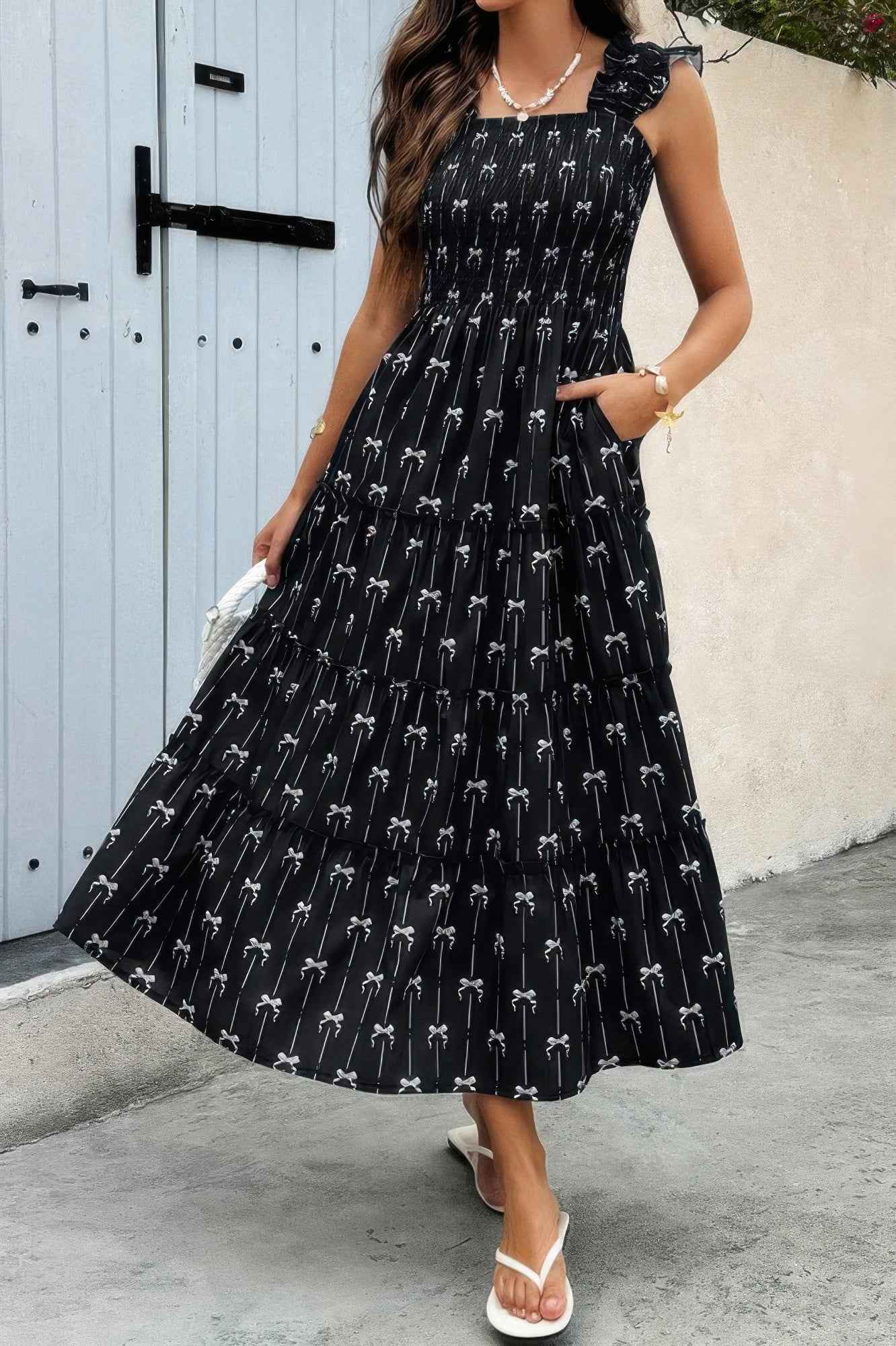 New Arrival – Cross Print Square Neck Sleeveless Pocket Dress – New Arrival Now Live