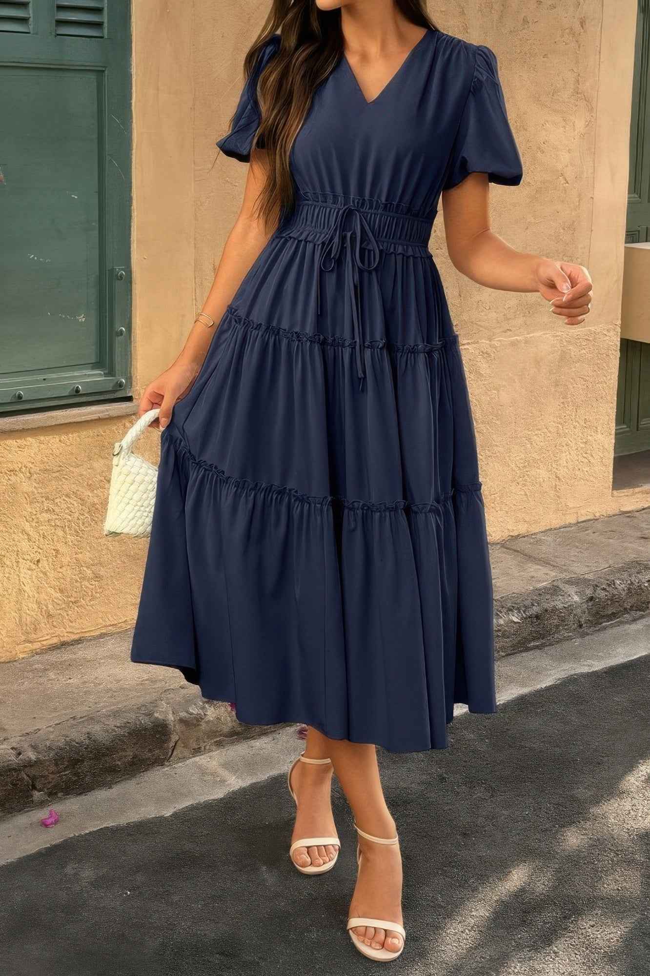 New Arrival – Solid Color Block Puff Sleeve Elastic Waist Dress – New Arrival Now Live