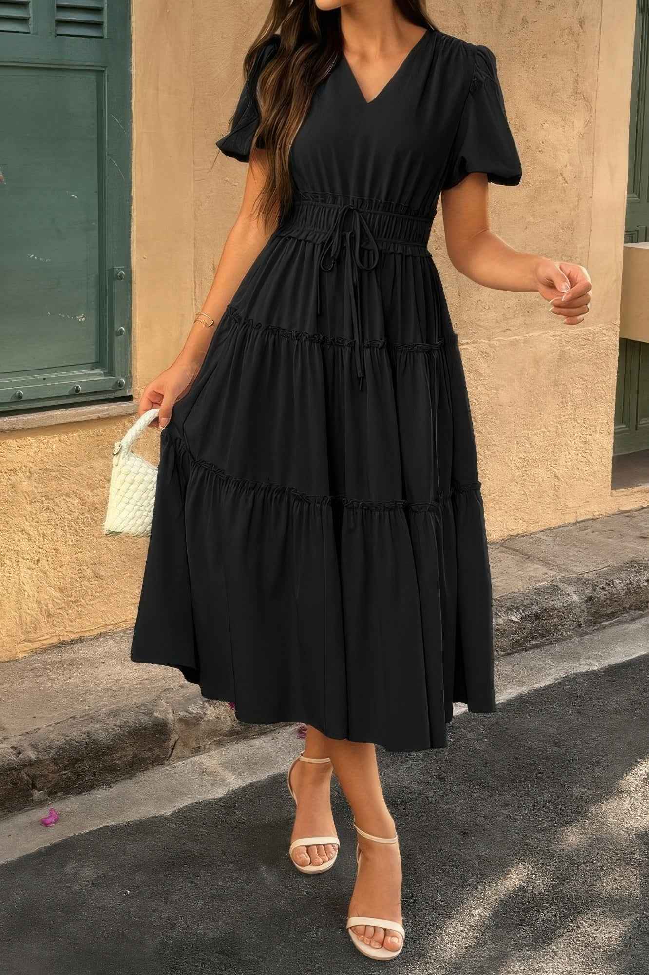 Solid Color Block Puff Sleeve Elastic Waist Dress – New Arrival Now Live