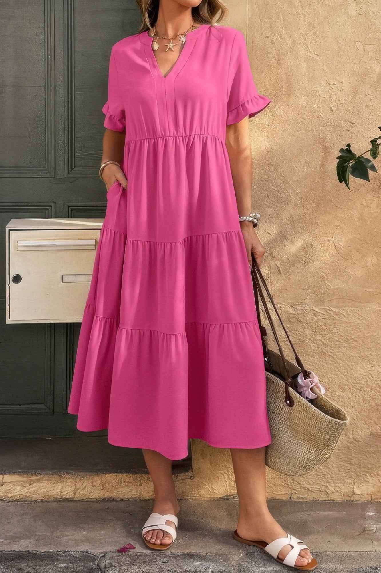 New Arrival – Solid A Line Ruffle Hem Color Block Dress – New Arrival Now Live