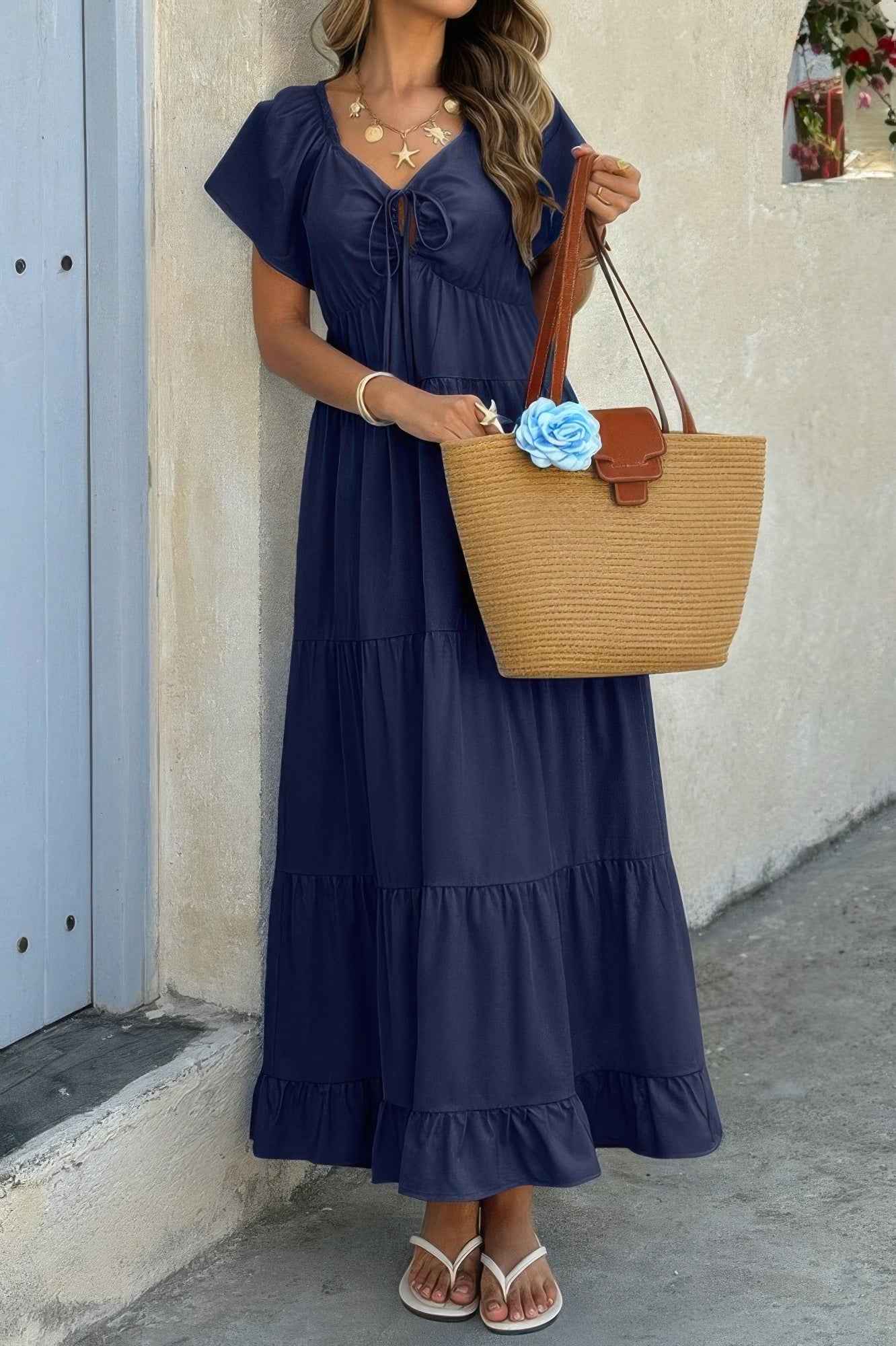 New Arrival – Square Neck Cross Knot Pockets Ruffle Hem Dress – New Arrival Now Live