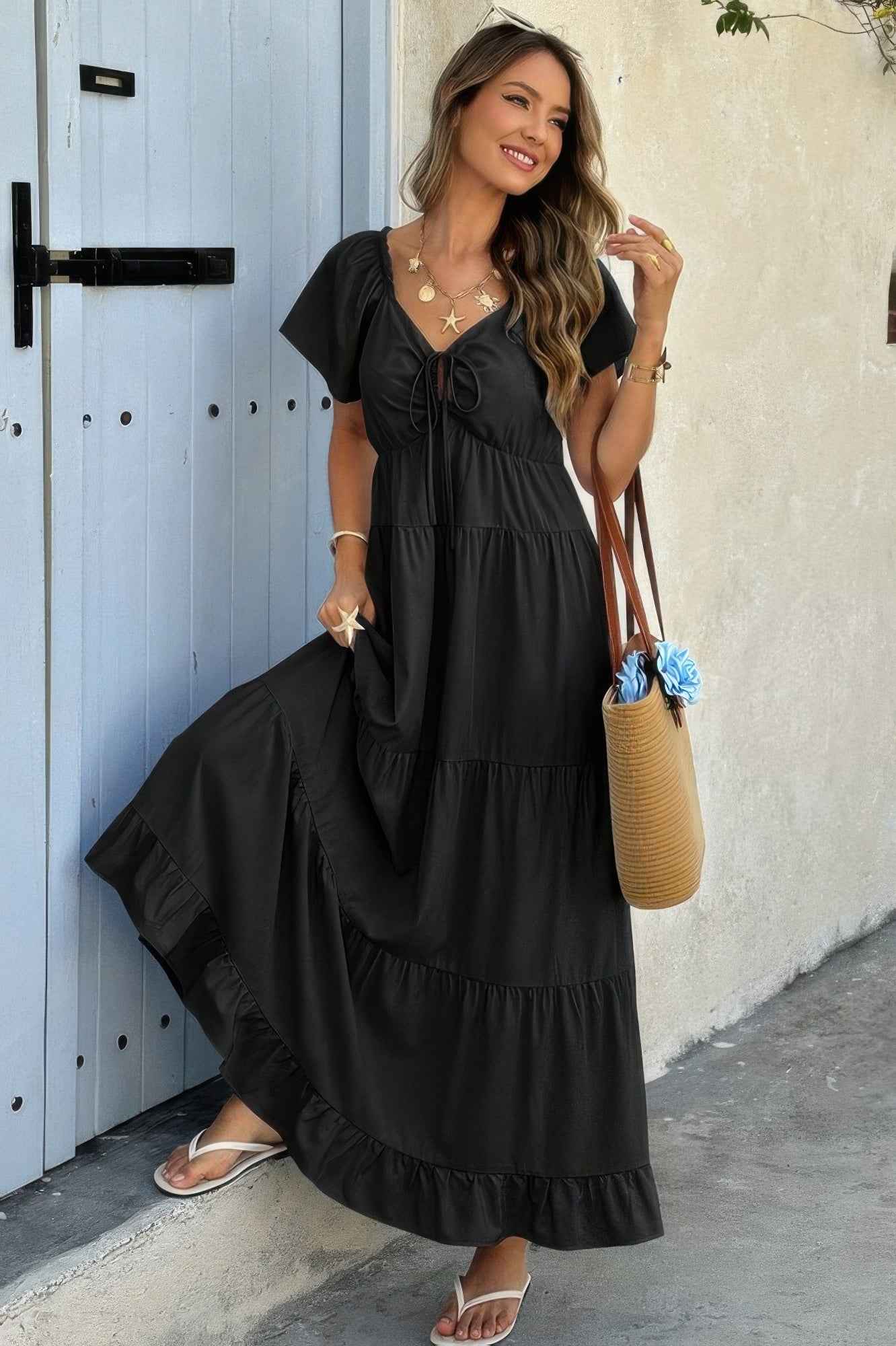 Square Neck Cross Knot Pockets Ruffle Hem Dress – New Arrival Now Live