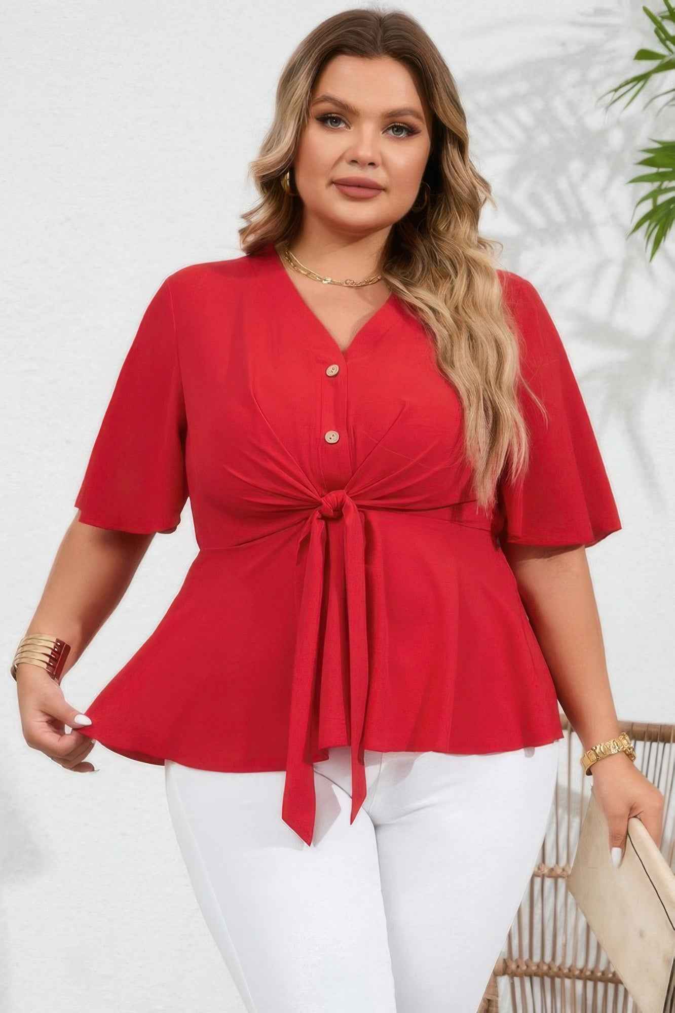 Plus Tie Front Half Button V Neck Solid Blouse – New Arrival Now Live
